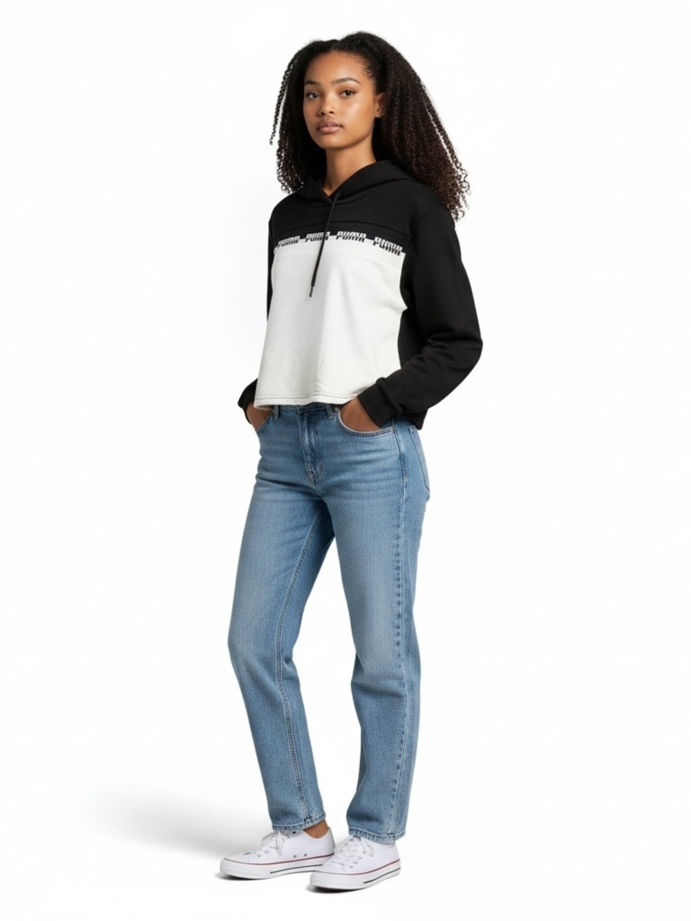 PUMA sz Medium Top Amplified Cropped Hoodie Sweatshirt Long Sleeves Black White